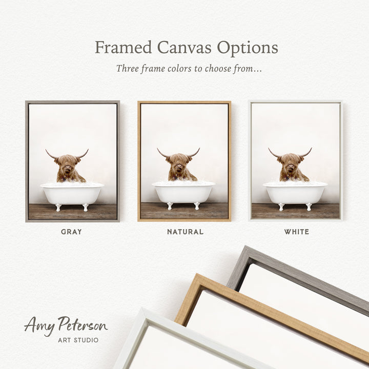 three framed canvas options, each featuring a photograph of a Highland cow sitting in a bathtub. The options include a gray frame, a natural frame, and a white frame.