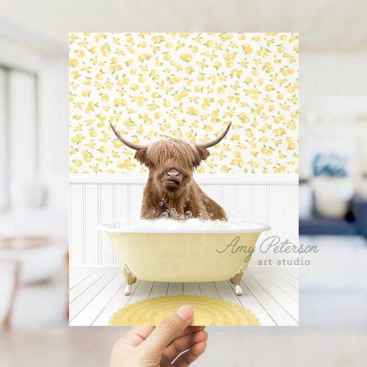 a hand holding up a card with a picture of a dog in a bathtub