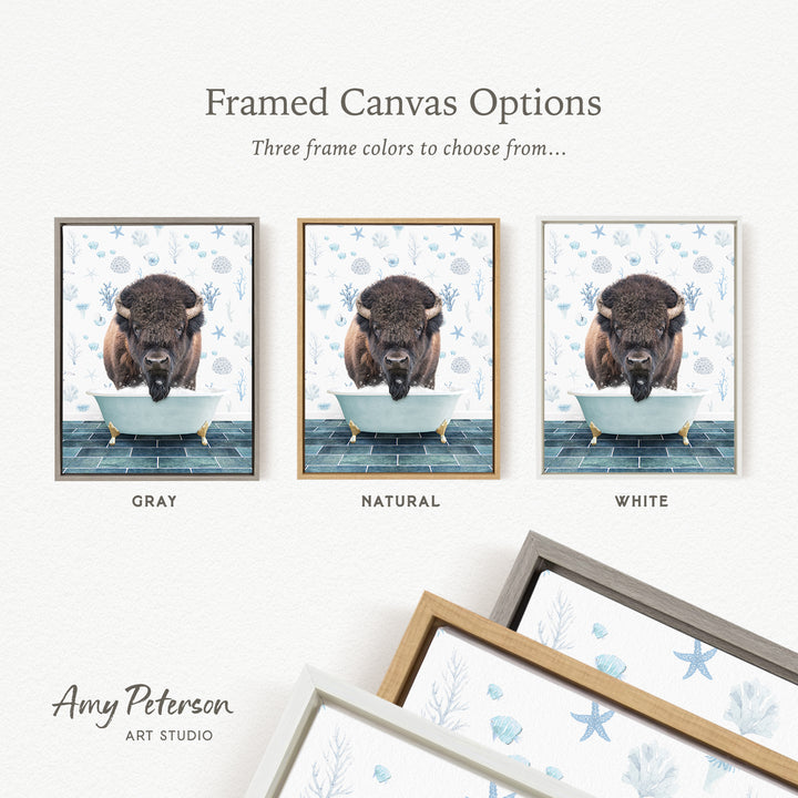 three framed canvas options featuring a bison in a bathtub, with each option having a different frame color: gray, natural, and white.