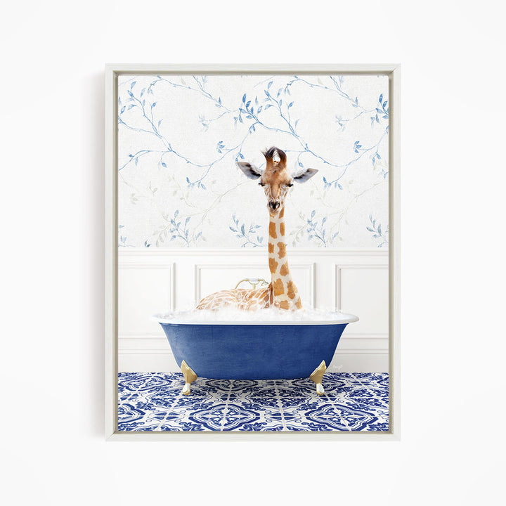 A giraffe sitting in a blue bathtub filled with bubbles, surrounded by a blue and white patterned floor.