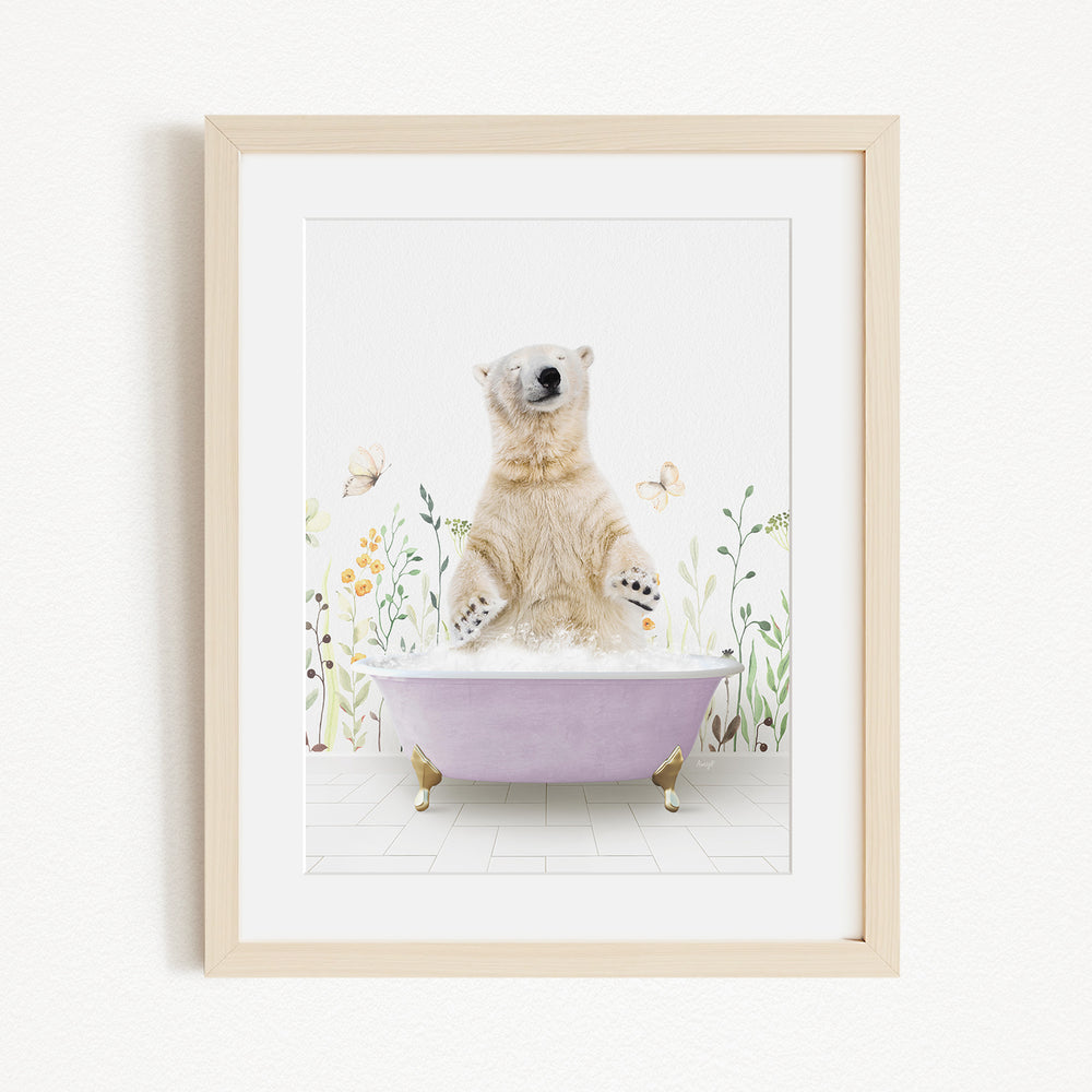 A polar bear is sitting in a purple bathtub filled with bubbles, surrounded by flowers and butterflies.
