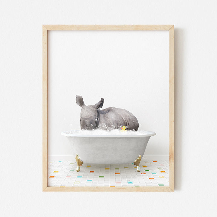 a rhino in a bathtub with a rubber duck in it