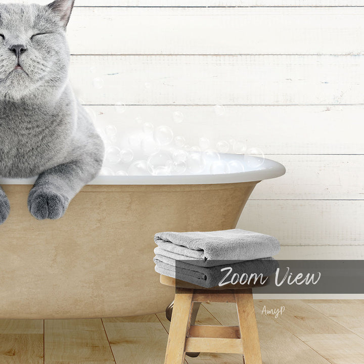 A gray cat sitting in a bathtub filled with bubbles, with a towel and stool nearby.