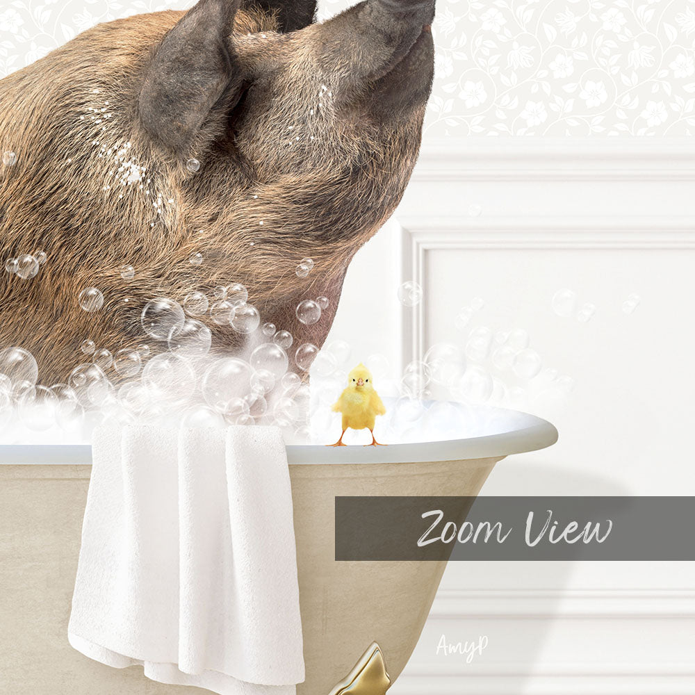 A pig is sitting in a bathtub filled with bubbles, with a small yellow bird perched on the edge of the tub.