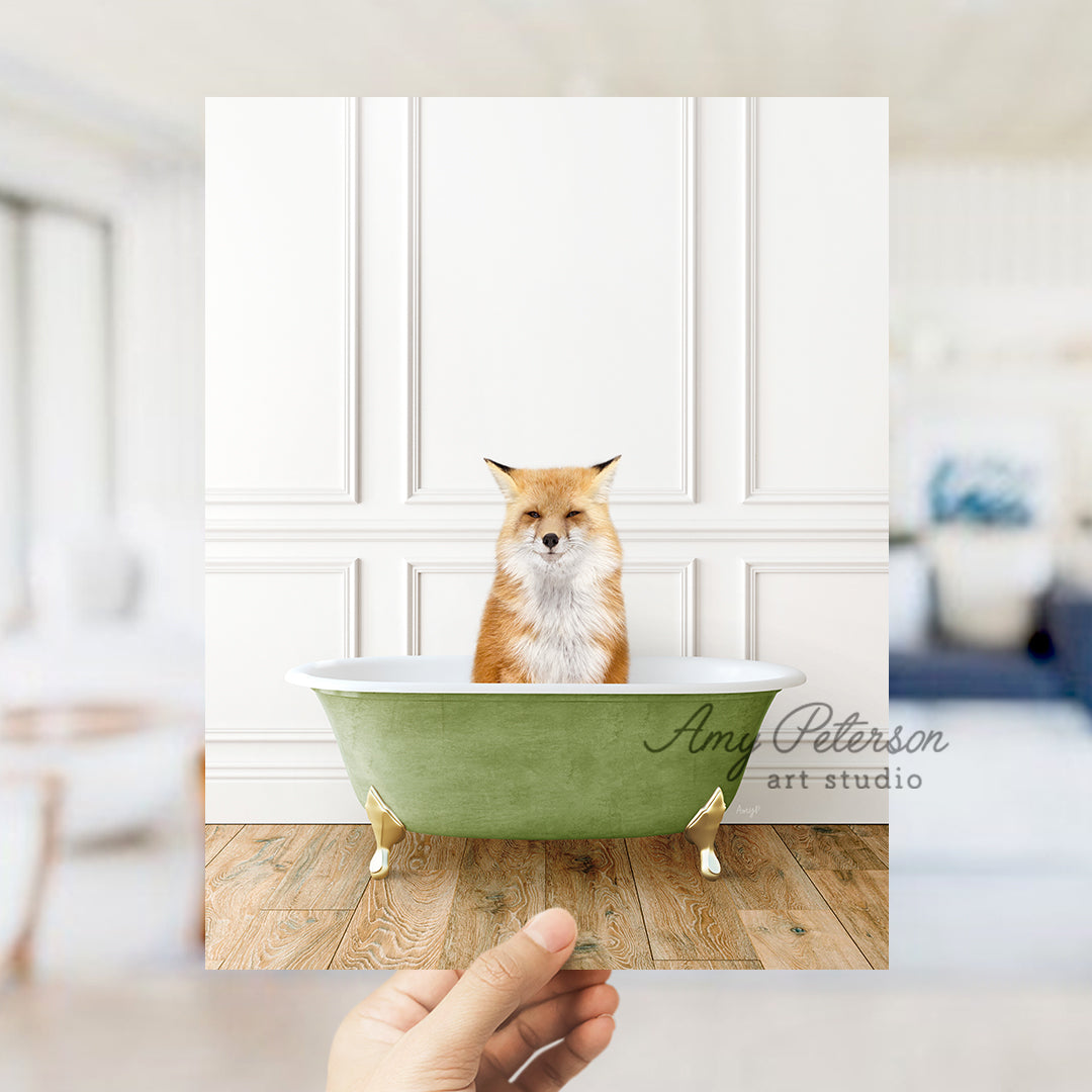 a hand holding a card with a picture of a fox in a bathtub