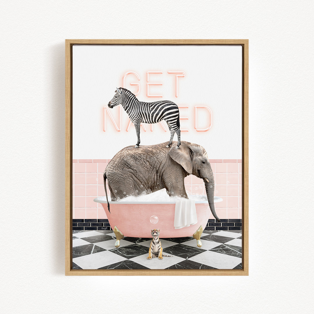 A zebra standing on an elephant's back, with a tiger sitting in a bathtub, and neon pink text reading "GET NAMED" in the background.
