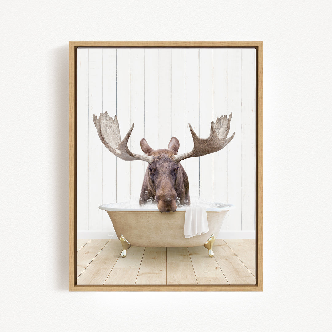 A moose with large antlers is sitting in a bathtub filled with water, creating a whimsical and humorous scene.