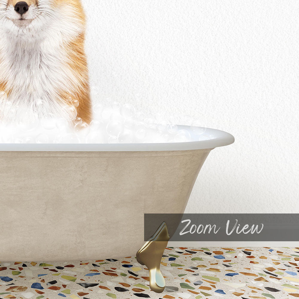A fluffy orange and white dog is sitting in a bathtub filled with bubbles, with a text overlay that reads "Zoom View".