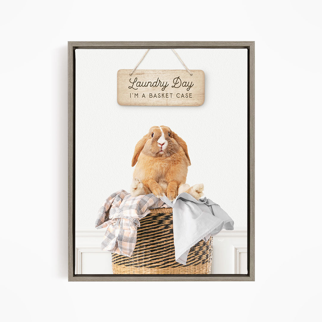 A wooden sign with the text "Laundry Day I'm a basket case" hangs above a woven basket containing a rabbit.