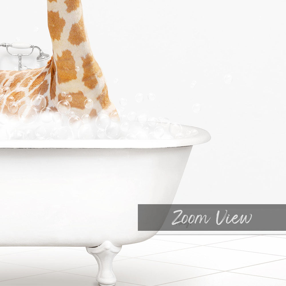 A giraffe standing in a white bathtub filled with bubbles, as if enjoying a relaxing bath.