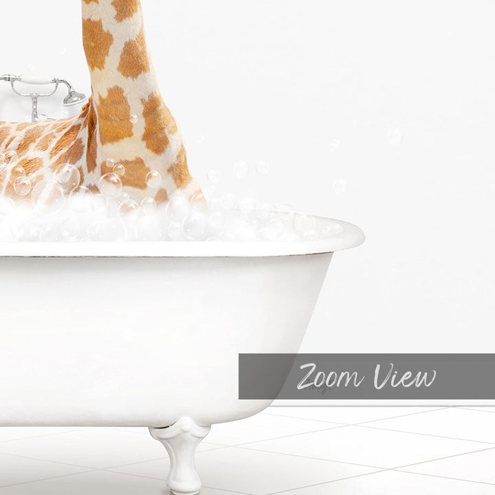 A giraffe standing in a white bathtub filled with bubbles, as if enjoying a relaxing bath.