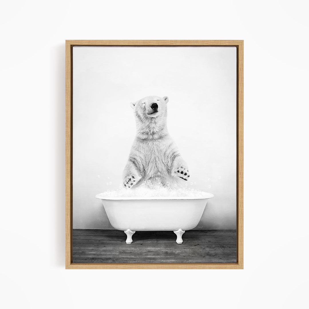 A polar bear standing in a bathtub filled with water, appearing to be enjoying the bath.