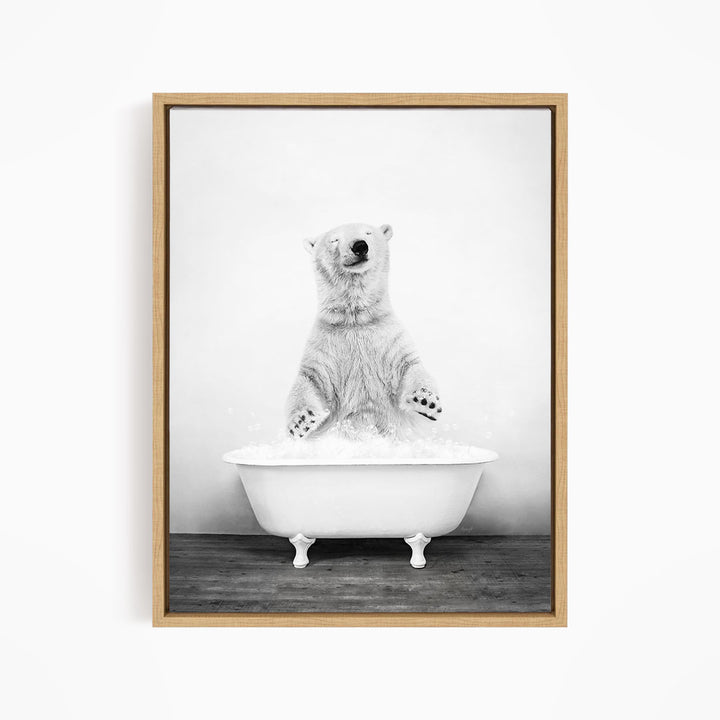 A polar bear standing in a bathtub filled with water, appearing to be enjoying the bath.