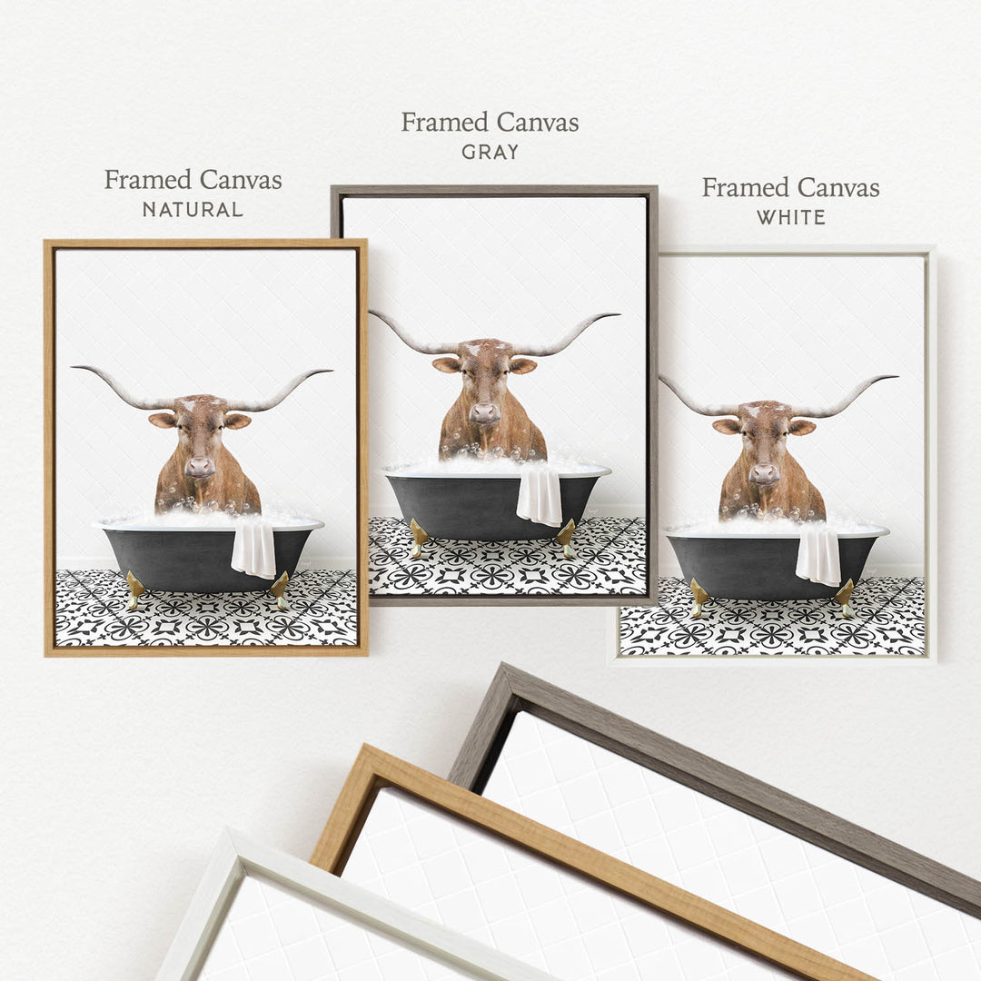 a framed picture of a cow sitting in a bathtub, with three different colored frames labeled " Framed Canvas Natural", " Framed Canvas Gray", and " Framed Canvas White".