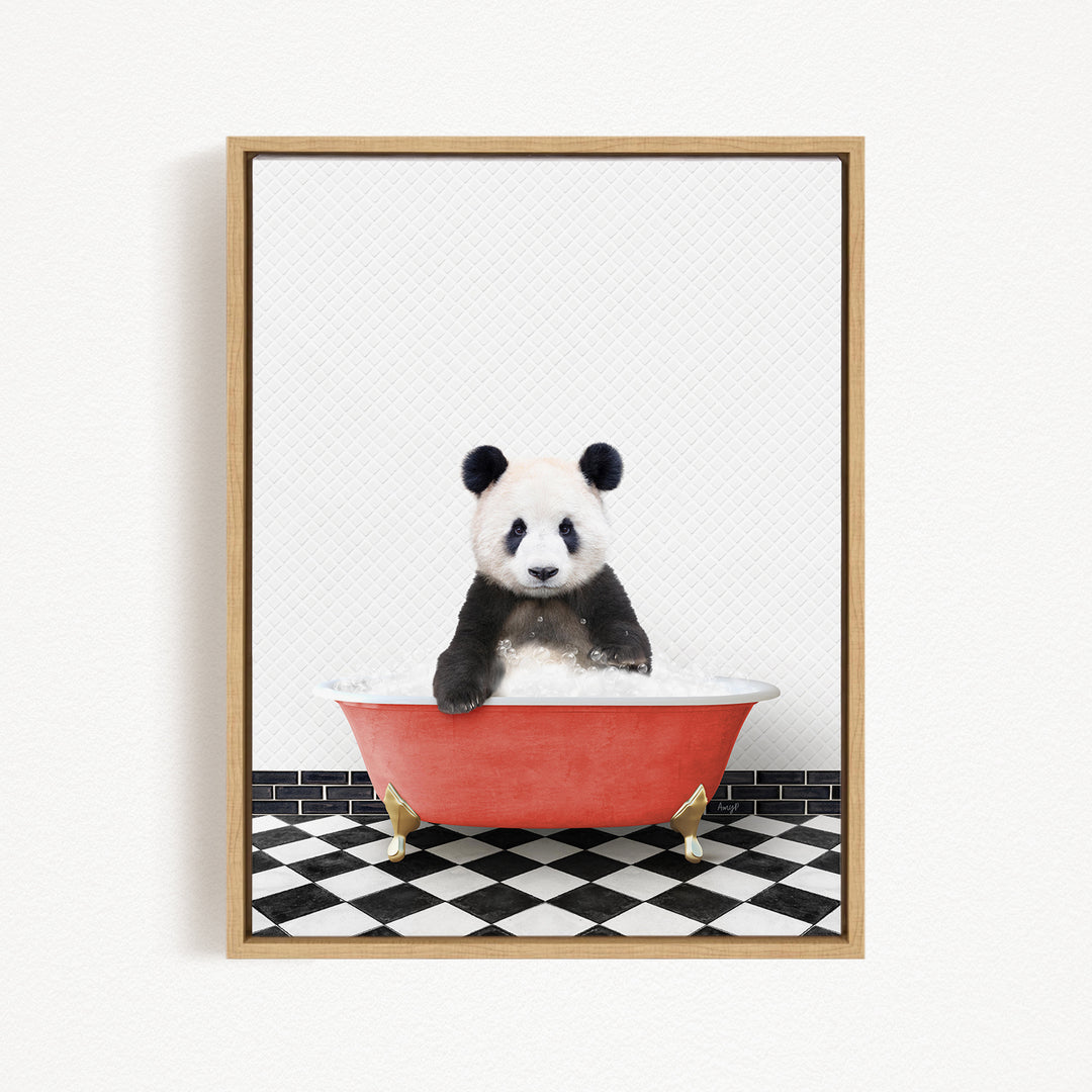 A panda bear sitting in a red bathtub filled with bubbles, surrounded by a black and white checkered floor.