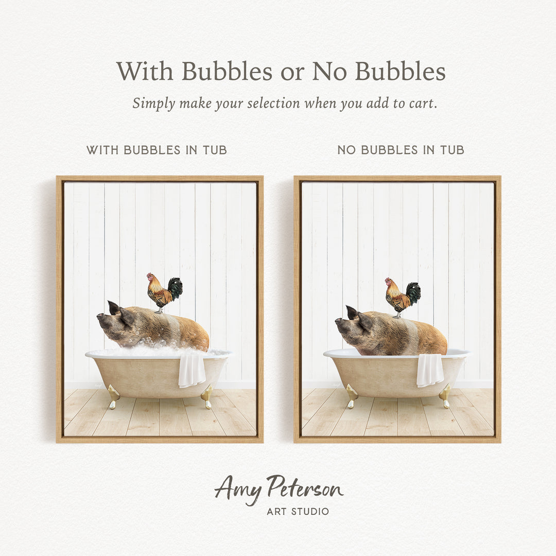 The image is a collage of two pictures, each featuring a pig sitting in a bathtub with a rooster perched on its back. The pig is surrounded by bubbles, creating a playful and whimsical scene. The rooster adds a touch of humor and contrast to the image. The collage is presented in a framed format, with the artist's name, Amy Peterson, and the art studio's name, ART STUDIO, displayed at the bottom.