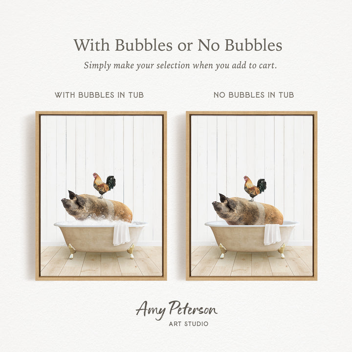 The image is a collage of two pictures, each featuring a pig sitting in a bathtub with a rooster perched on its back. The pig is surrounded by bubbles, creating a playful and whimsical scene. The rooster adds a touch of humor and contrast to the image. The collage is presented in a framed format, with the artist's name, Amy Peterson, and the art studio's name, ART STUDIO, displayed at the bottom.