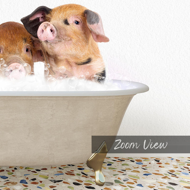 Two adorable pigs enjoying a bath in a white bathtub, surrounded by bubbles.