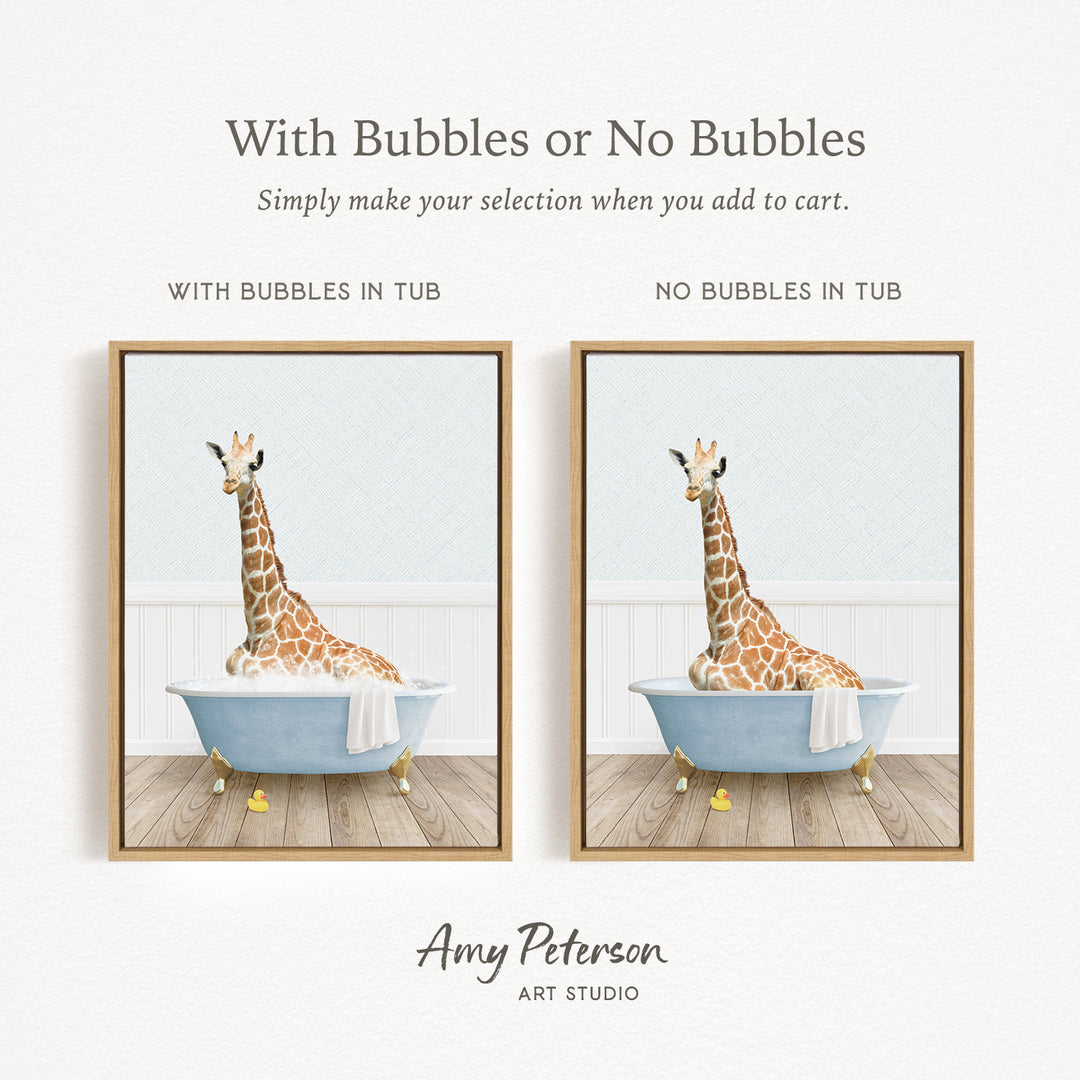 The image is a collage of two framed pictures, each depicting a giraffe sitting in a bathtub. The text above the images reads "With Bubbles or No Bubbles" and below the images, it says "Simply make your selection when you add to cart."