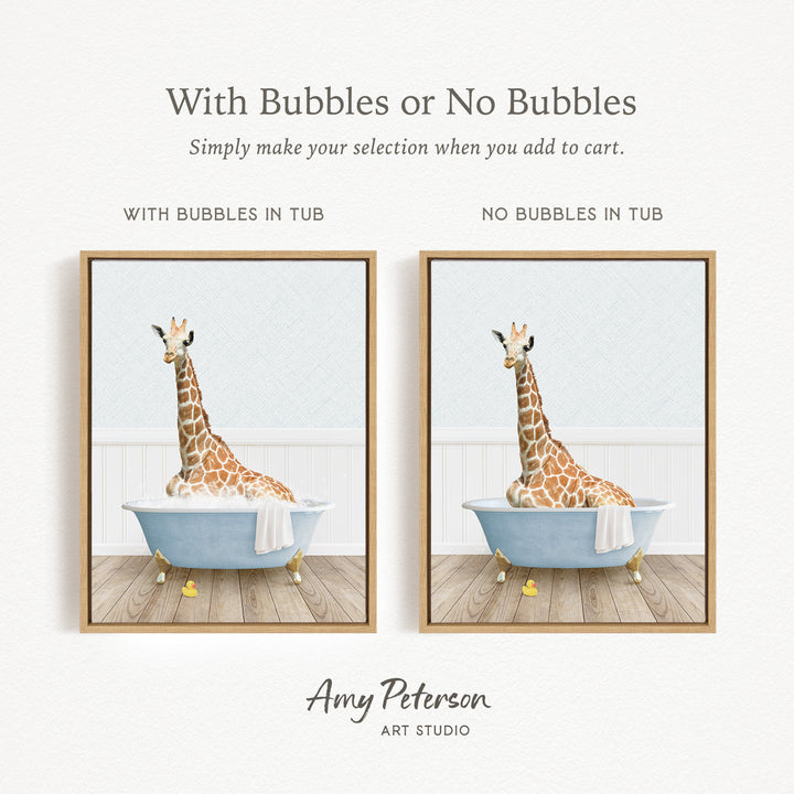 The image is a collage of two framed pictures, each depicting a giraffe sitting in a bathtub. The text above the images reads "With Bubbles or No Bubbles" and below the images, it says "Simply make your selection when you add to cart."