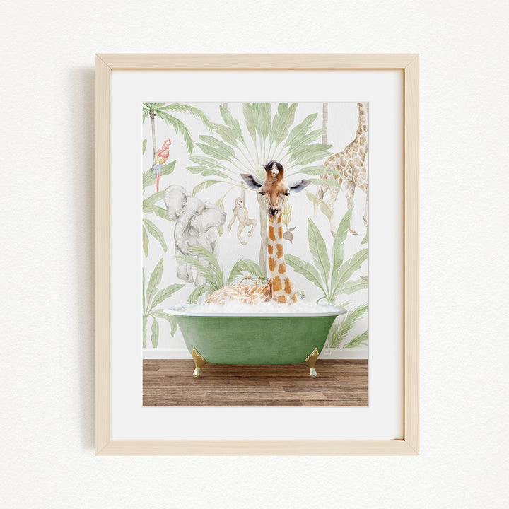 A giraffe is standing in a green bathtub filled with water, surrounded by various animals and plants, creating a whimsical and playful scene.