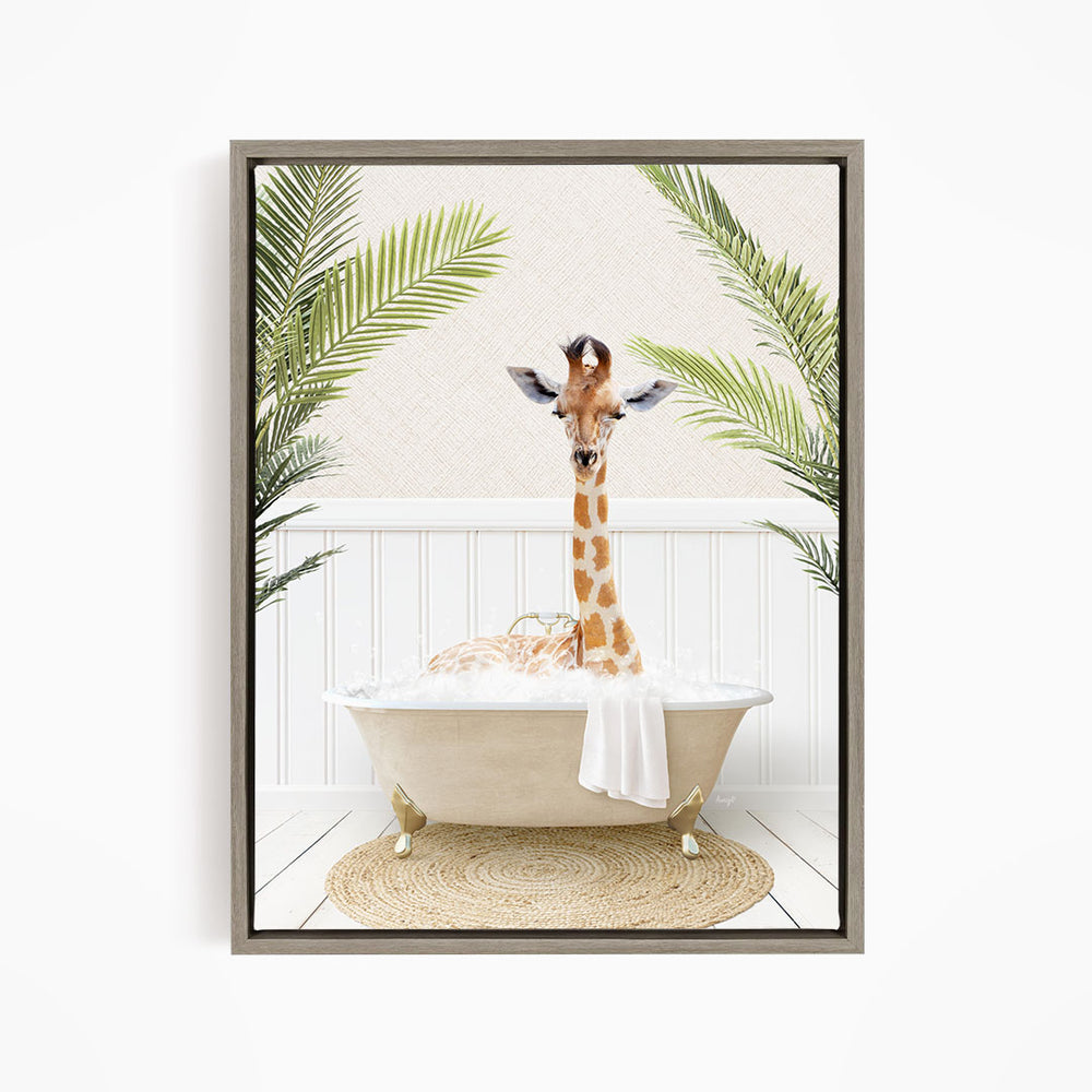 A giraffe is sitting in a bathtub filled with water, surrounded by palm leaves, creating a whimsical and playful scene.
