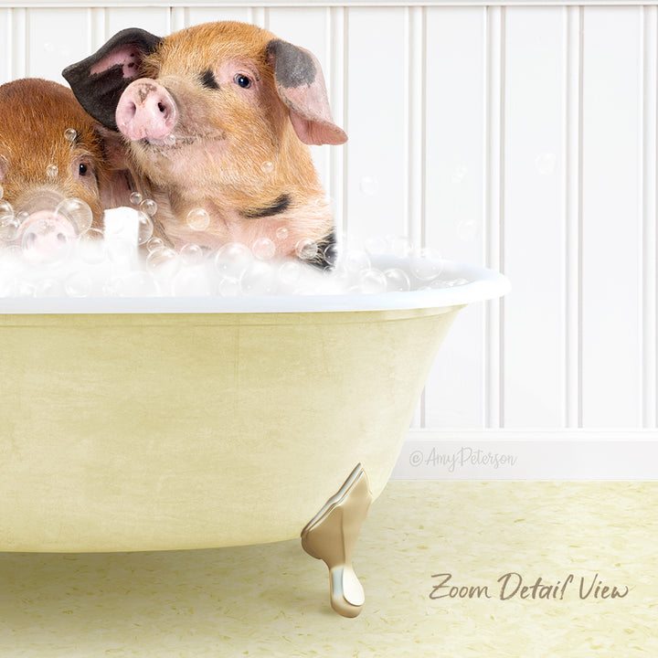 A pair of adorable pigs enjoying a bath in a yellow bathtub, surrounded by bubbles.