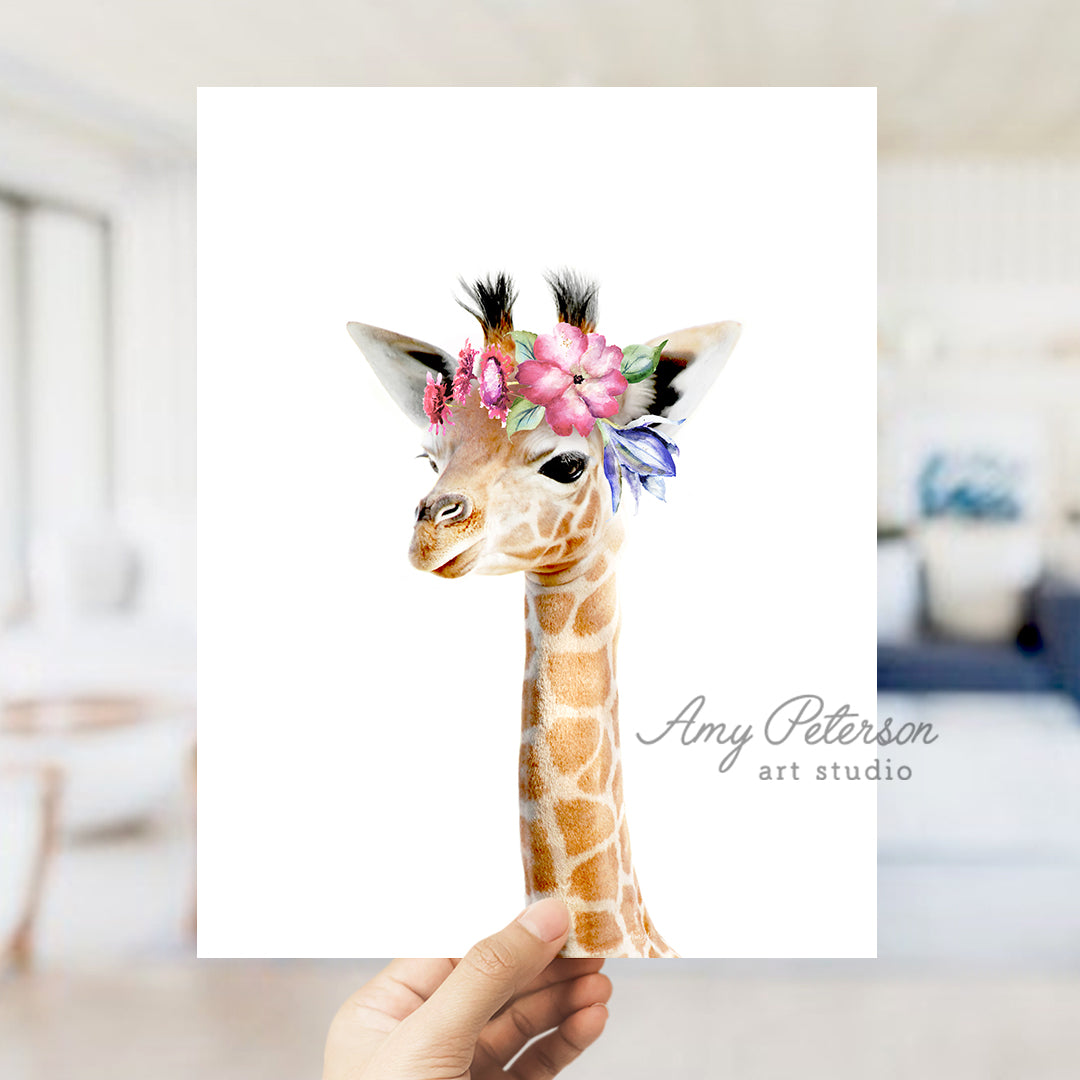 a giraffe with a flower crown on its head