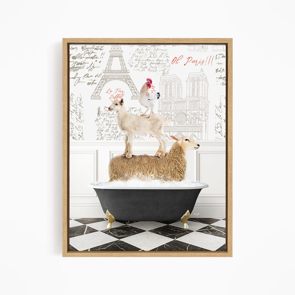 A framed image depicting a sheep standing on a bathtub, with a rooster perched on top of it, against a backdrop of the Eiffel Tower and other Parisian landmarks.