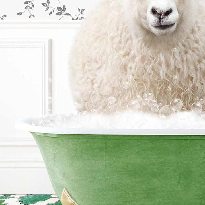 a white sheep sitting in a green bath tub