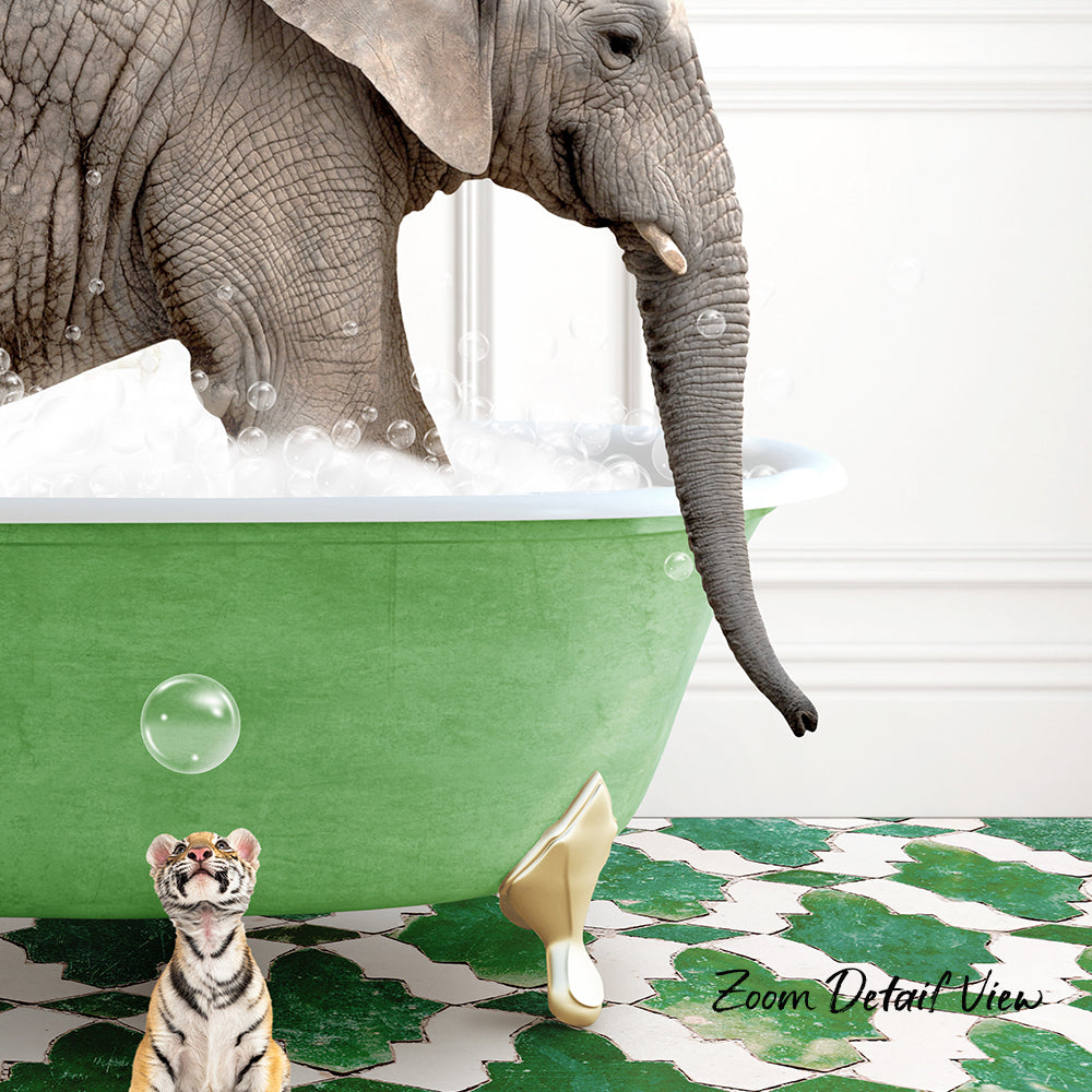 A large elephant is bathing in a green tub, while a small tiger figurine stands nearby, and a small elephant figurine is also present in the scene.