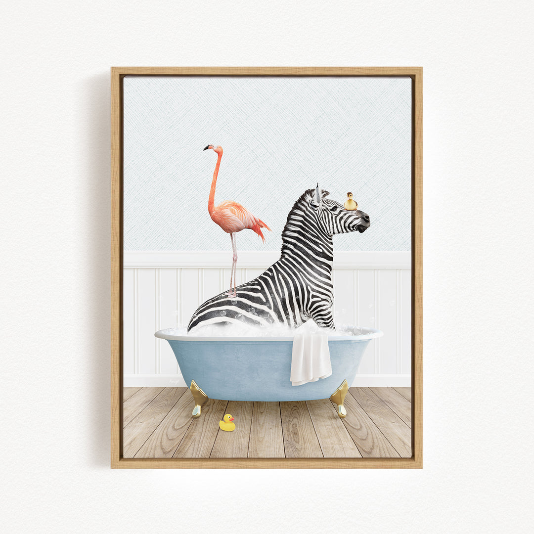 A zebra is sitting in a blue bathtub, with a pink flamingo standing on its back and a yellow rubber duck floating nearby.