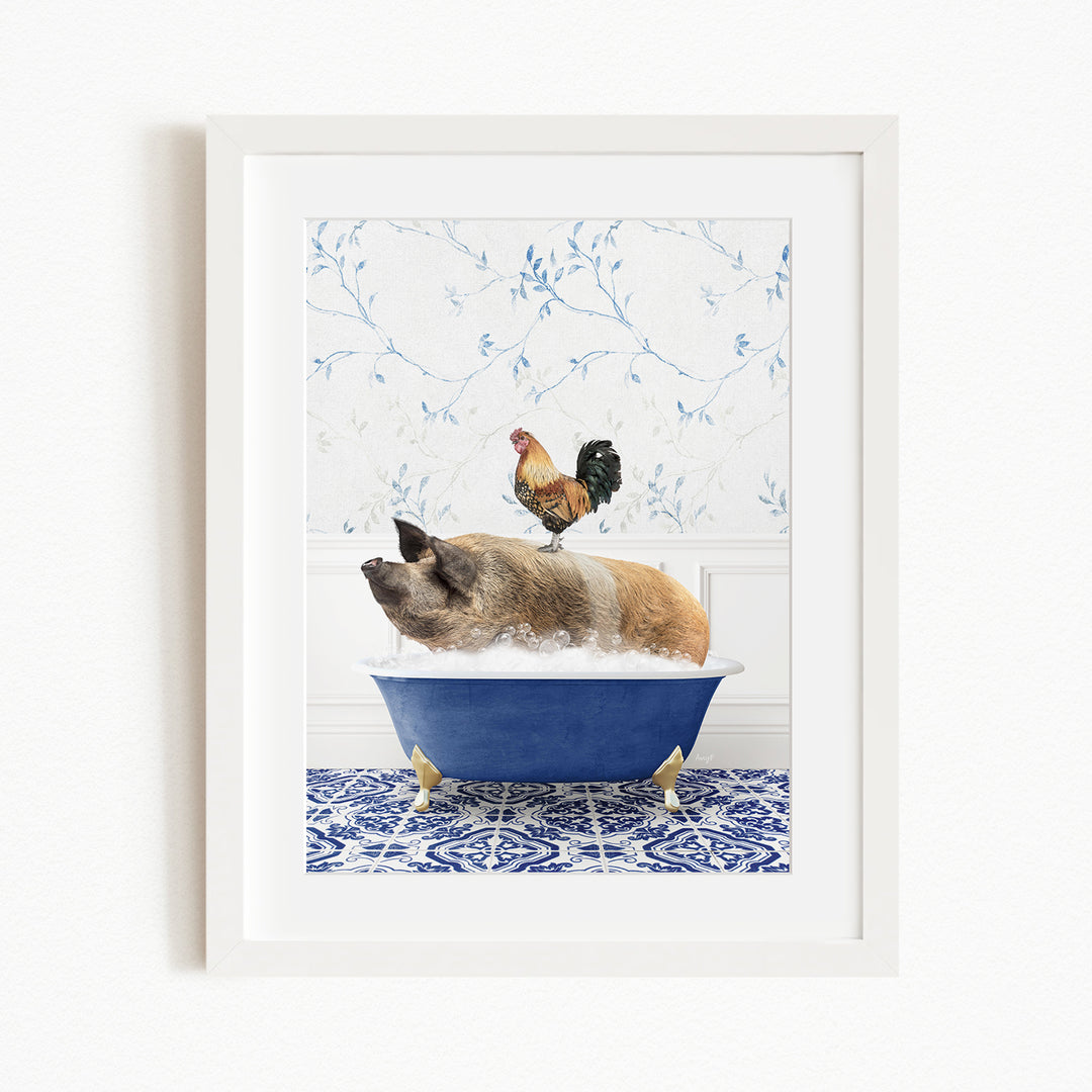 A rooster sits atop a pig in a blue bathtub, surrounded by a blue and white patterned floor.