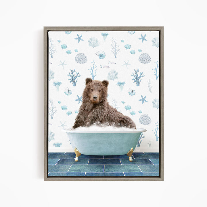 A brown bear sitting in a blue bathtub filled with bubbles, surrounded by a pattern of seashells, starfish, and other marine life.