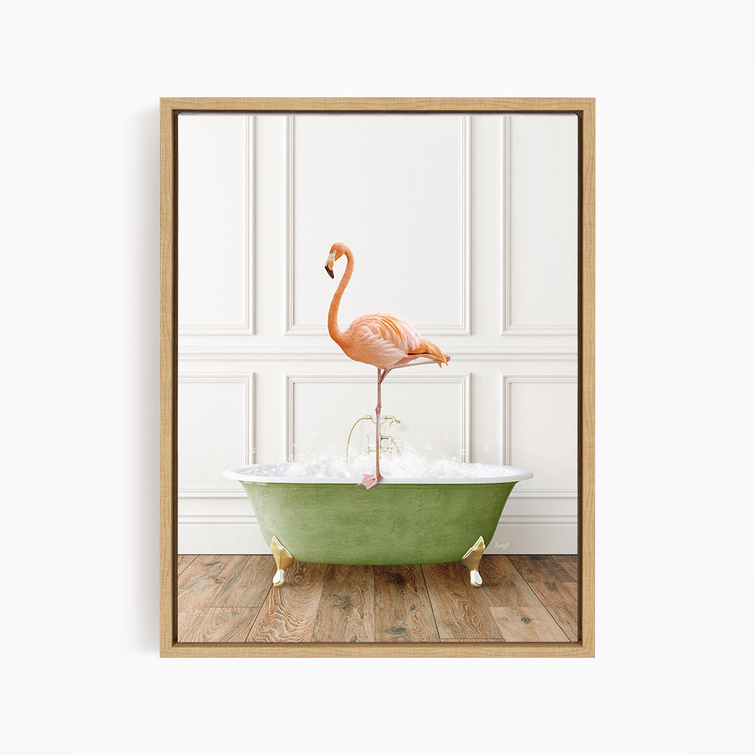 A pink flamingo standing on the edge of a green bathtub filled with water, against a white wall with paneling.