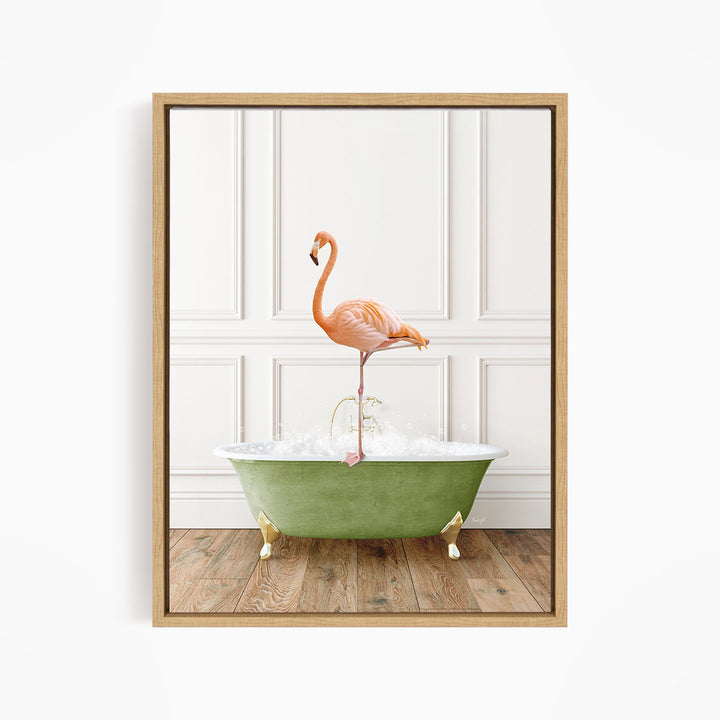 A pink flamingo standing on the edge of a green bathtub filled with water, against a white wall with paneling.