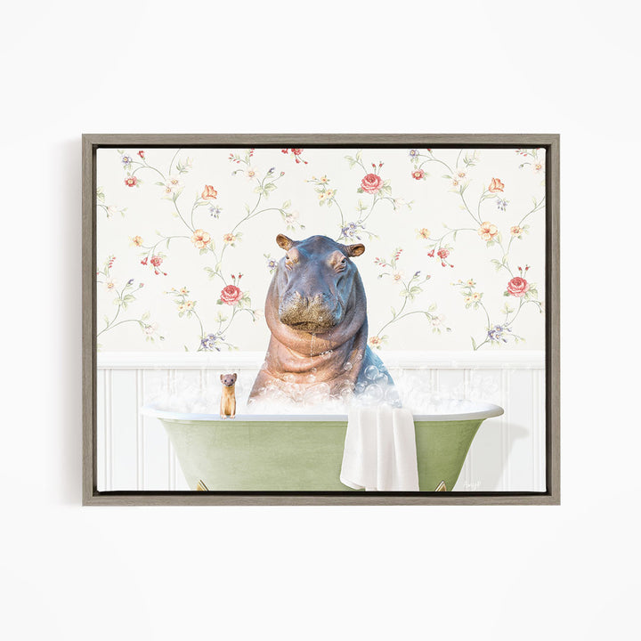 A hippopotamus sitting in a bathtub filled with water, surrounded by a floral patterned wall.