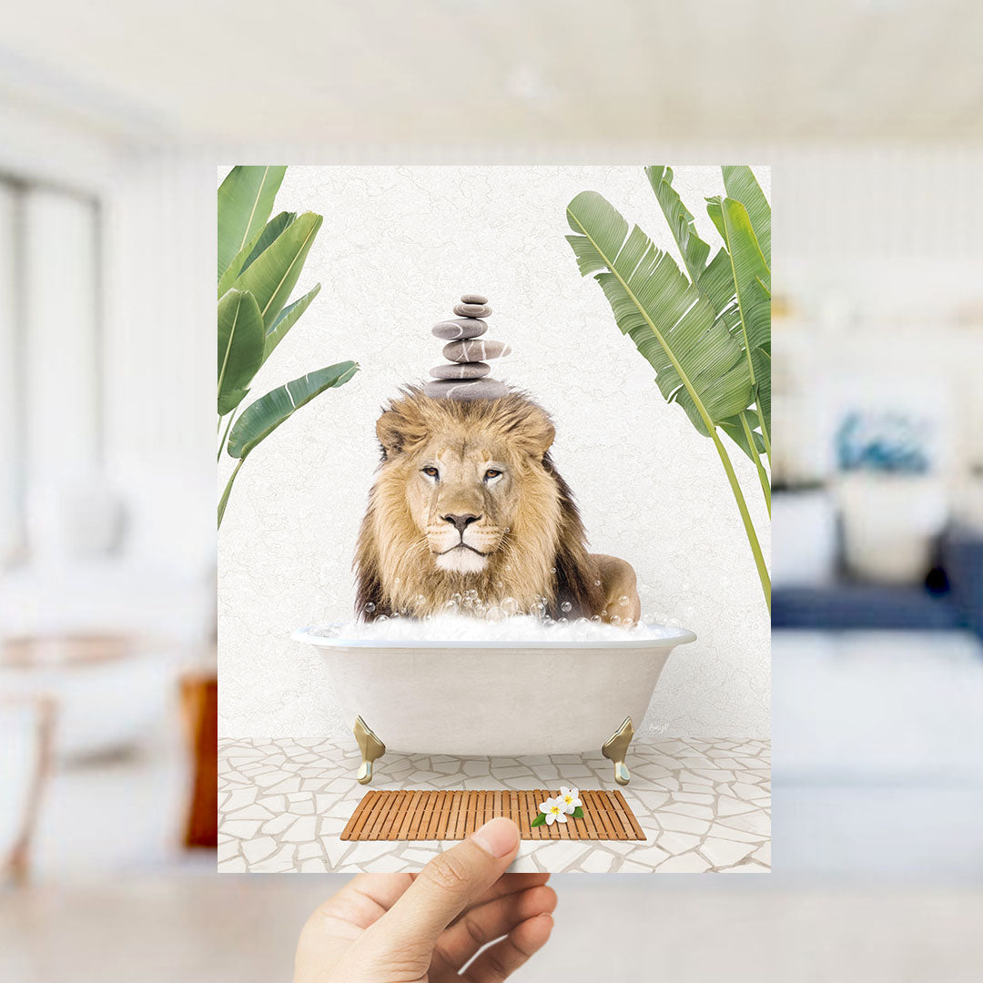 A lion is sitting in a bathtub filled with water, surrounded by tropical plants and rocks, creating a whimsical and relaxing scene.