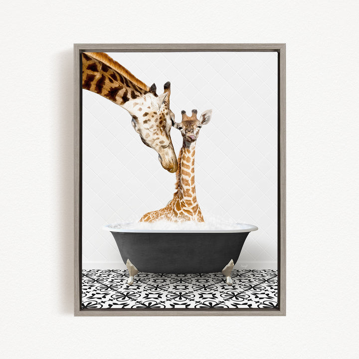 A mother giraffe and her baby giraffe are sitting together in a bathtub filled with water, creating a heartwarming scene.