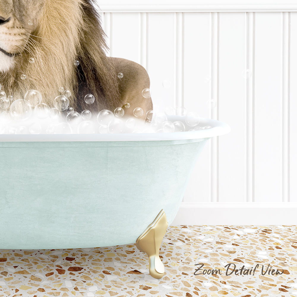 A lion is sitting in a bathtub filled with bubbles, enjoying a relaxing bath.