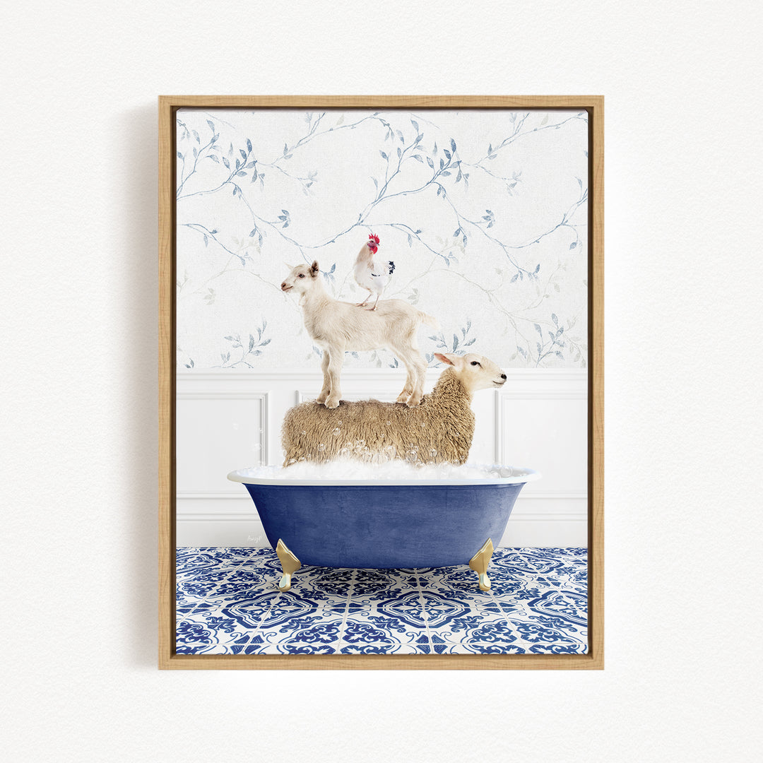 A framed image depicting a sheep standing on a tub filled with water, with a chicken perched on top of the sheep.