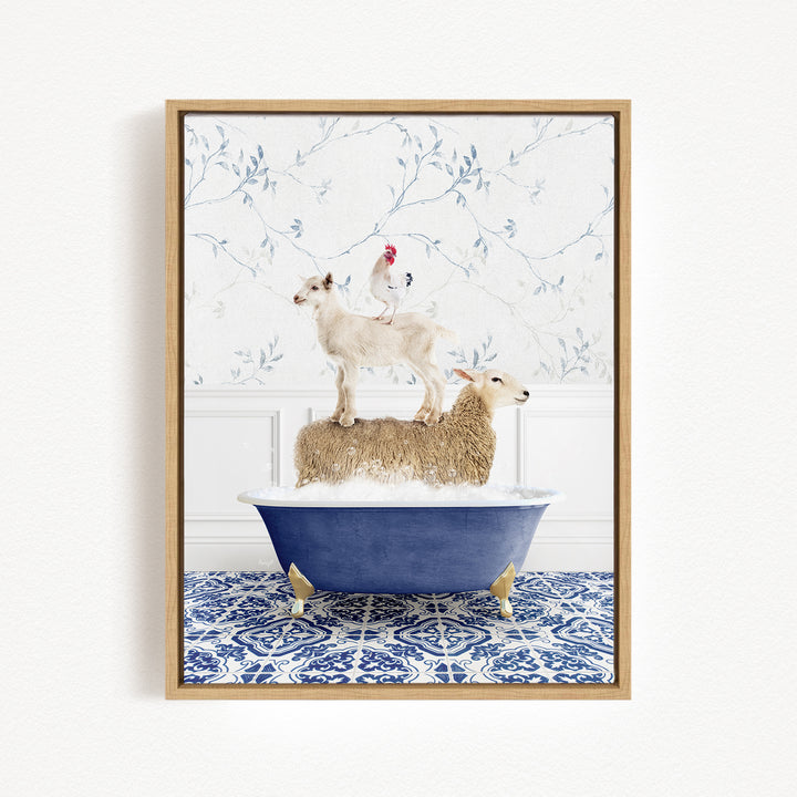 A framed image depicting a sheep standing on a tub filled with water, with a chicken perched on top of the sheep.