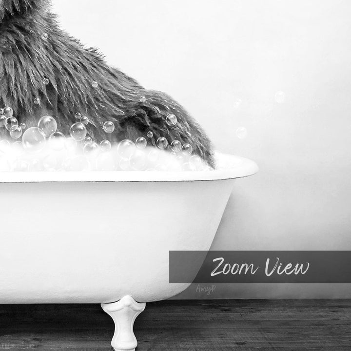 A fluffy animal, possibly a dog, is sitting in a bathtub filled with bubbles, creating a playful and relaxing scene.