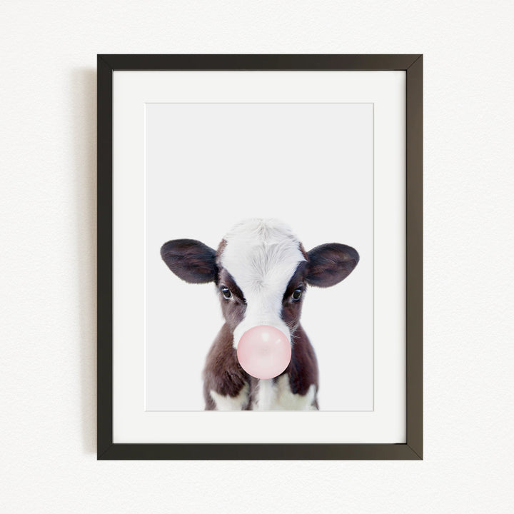 A framed image of a cow blowing a bubble with a pink bubble gum bubble.