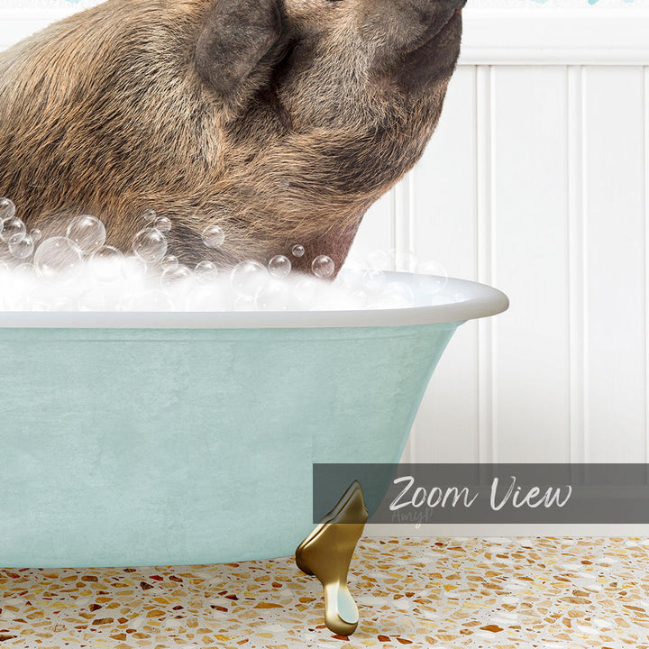 A pig is standing in a bathtub filled with bubbles, enjoying a relaxing bath.