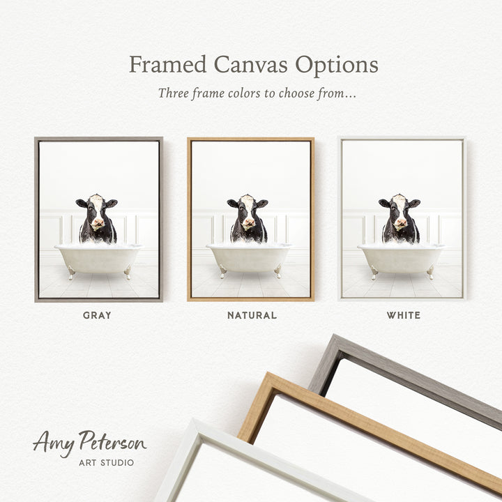 three framed canvas options, each featuring a cow sitting in a bathtub. The options include a gray, a natural, and a white frame.