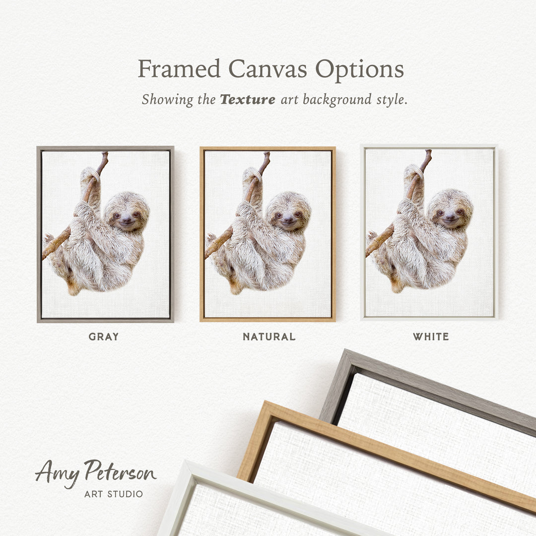 three framed canvas options, each with a different background color: gray, natural, and white. The text above the images reads " Framed Canvas Options" and "Showing the Texture art background style."