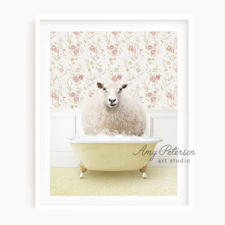 a sheep sitting in a bathtub with a floral wallpaper behind it