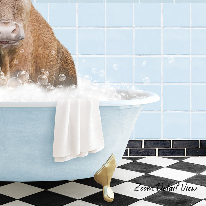 A dog is sitting in a bathtub filled with bubbles, with a towel hanging on the side and a checkered floor in the background.