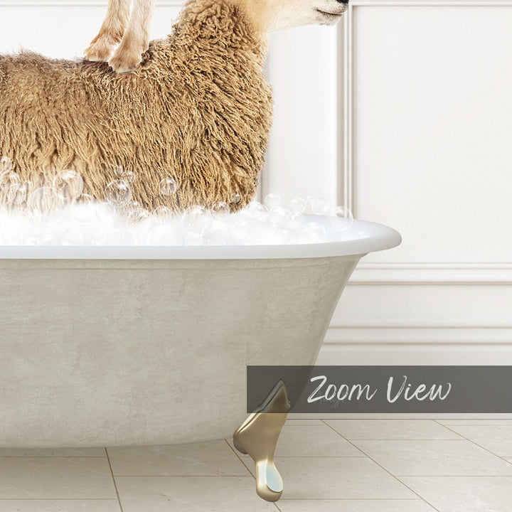A fluffy brown sheep standing in a bathtub filled with water and bubbles, with a "Zoom View" label below the image.